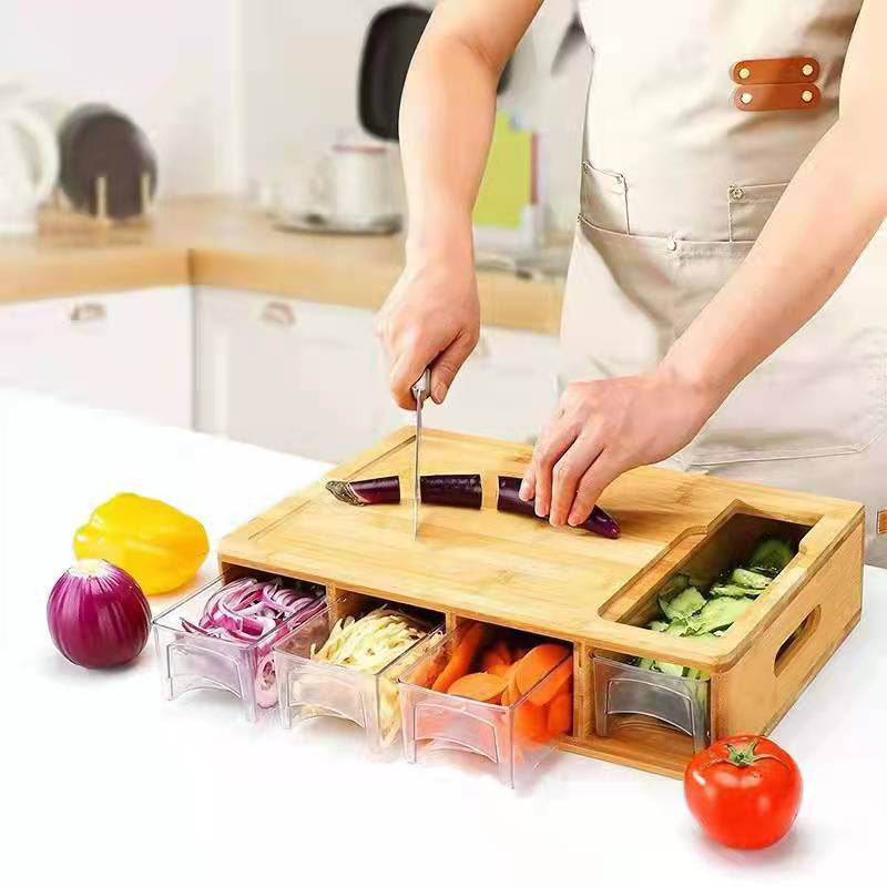 Bamboo Multifunctional Cutting Board With Storage Box For Kitchen Use