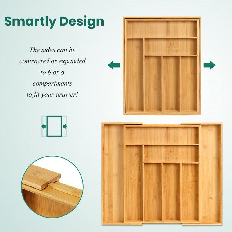 Expandable Bamboo Kitchen Drawer Organizer Storage Box For Utensils