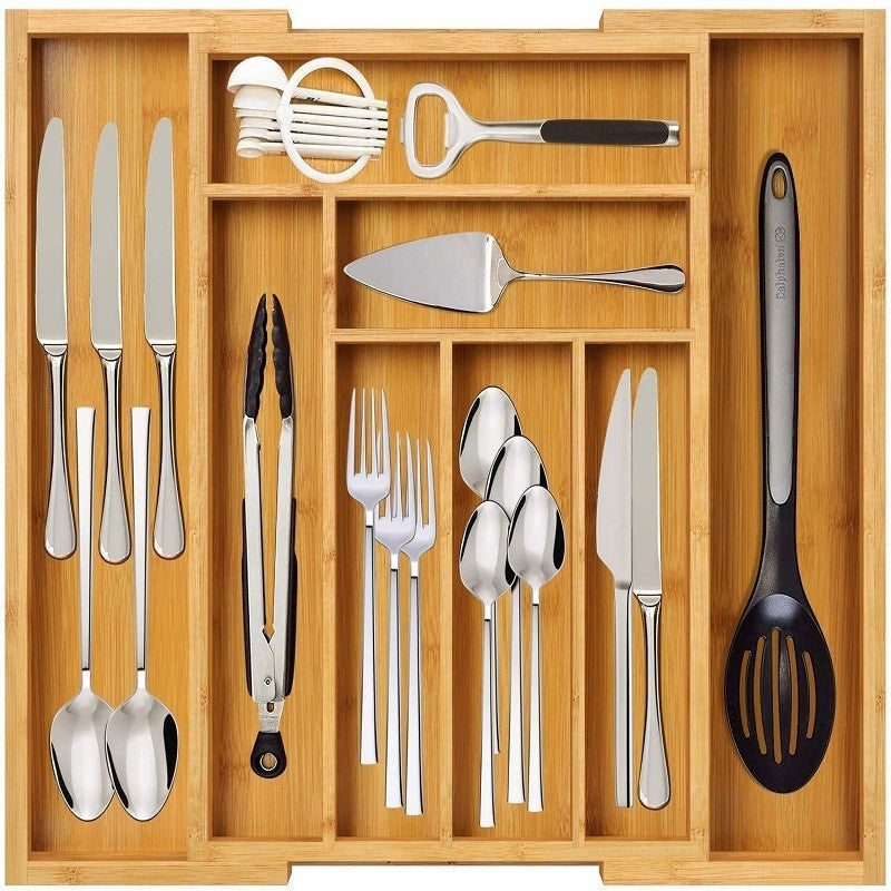 Expandable Bamboo Kitchen Drawer Organizer Storage Box For Utensils